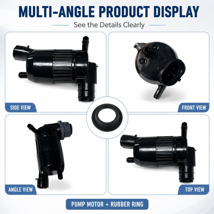 Windshield washer pump motor with rubber gasket ring shown from multiple angles