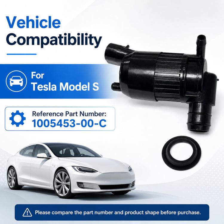 Black windshield washer pump motor with rubber gasket ring and curved outlet hose port