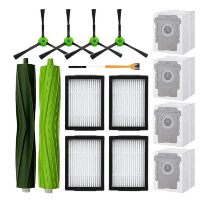 Vacuum brush and filter accessory set with green rollers, side brushes, and spare filters