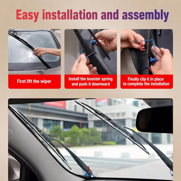 Metal wiper arm booster spring being installed on windshield wiper arm, black frame