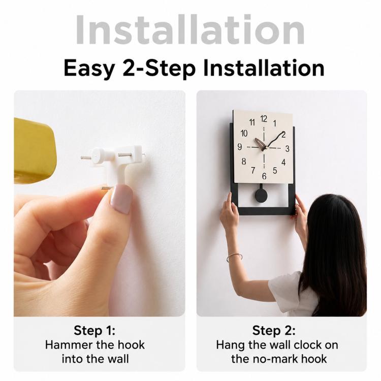 Clock installation graphic showing easy 2-step hanging with no-mark hook
