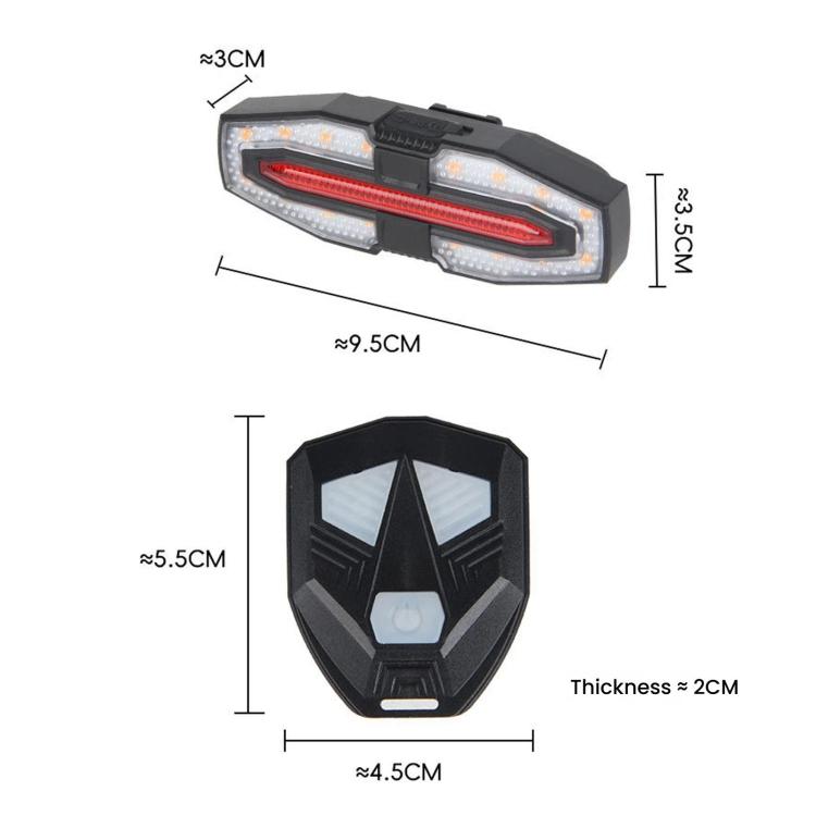Bicycle tail light and remote sensor, showing size dimensions for the light and remote control