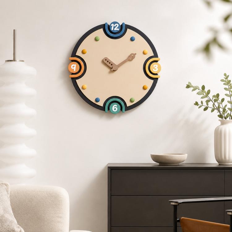 Modern wall clock: black rim, cream dial, colorful numbers, twin hands