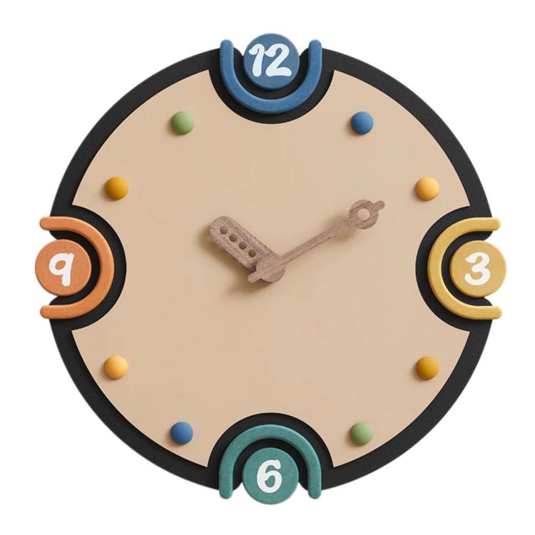 Close-up modern wall clock: black rim, cream dial, colorful numbers, metal hands