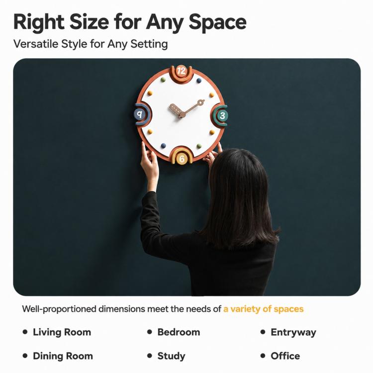 Modern wall clock with orange rim, cream dial, colorful numbers, held by a person