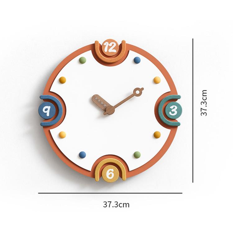 Colorful wooden wall clock with orange circular frame, numbered bumps, and wood hands