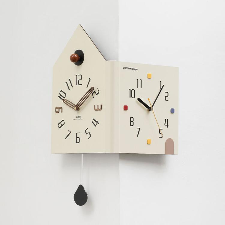 Cream double-faced corner wall clock, house shape with brown knob and colored minute marks