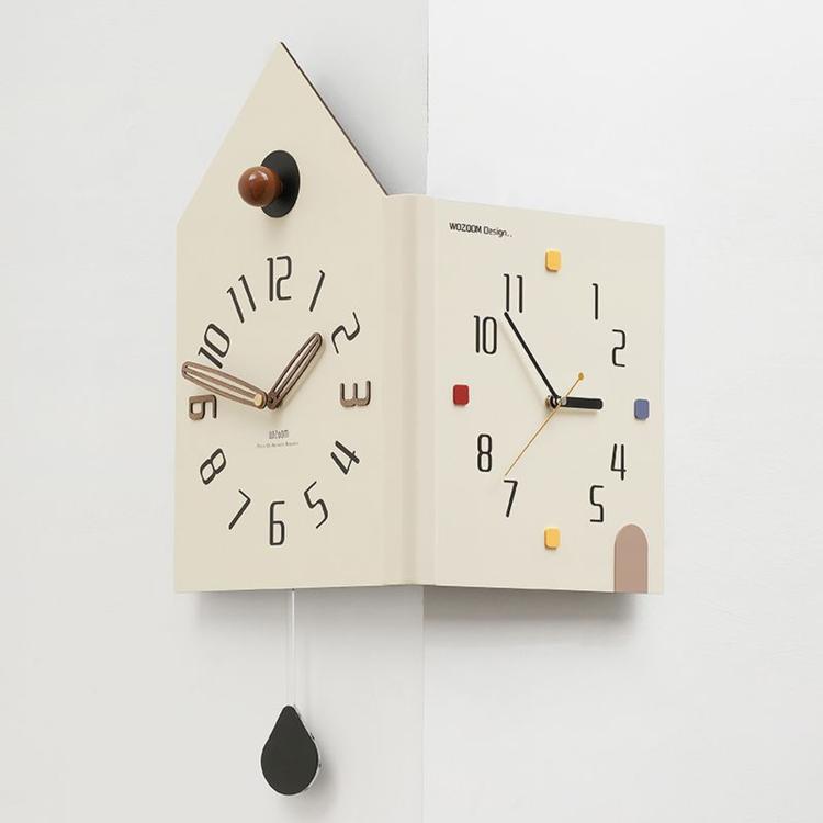 Cream double-faced corner wall clock, house shape with brown knob and multicolor hour markers