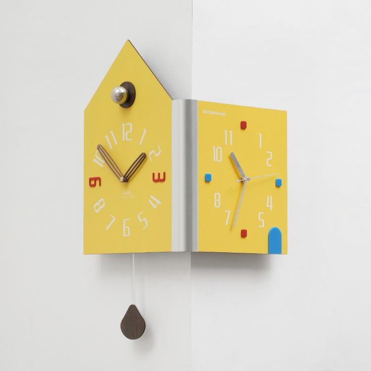Yellow double-faced corner wall clock, house shape with gray knob and multicolor numeral dots