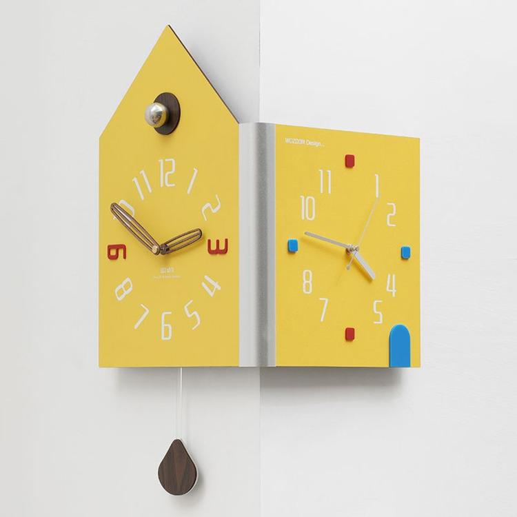 Yellow double-faced corner wall clock, house shape with silver knob and colored corner accents