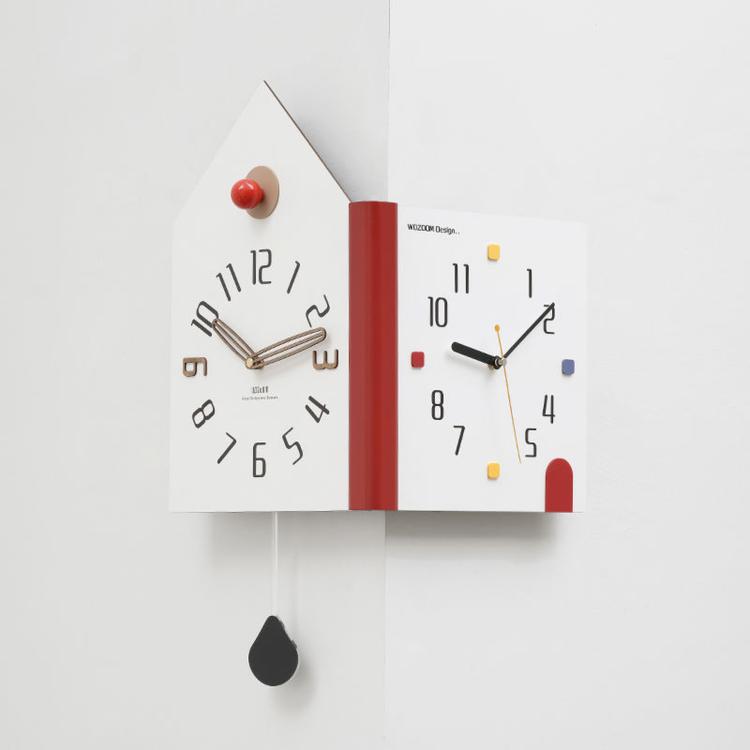 White double-faced corner wall clock, house shape with red knob and multicolor numeral blocks