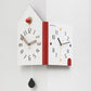 White double-faced corner wall clock, house shape with red knob and colorful hour numerals