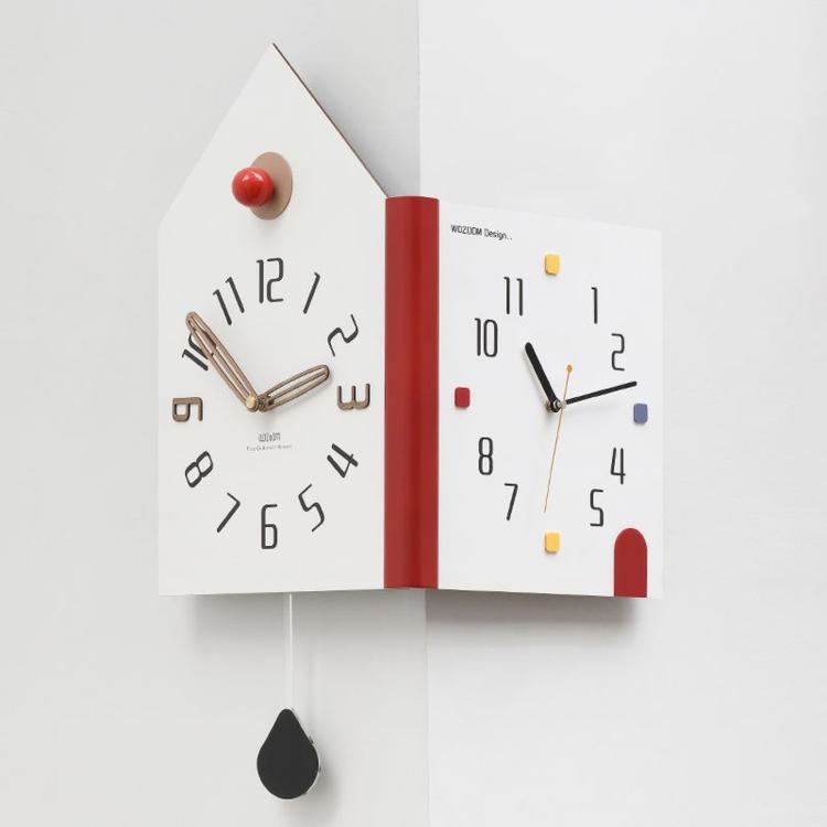White double-faced corner wall clock, house shape with red knob and colorful hour numerals
