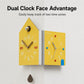 Yellow double-faced corner wall clock, house shape with metal knob and multicolor hands