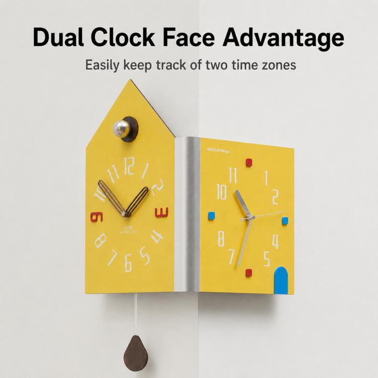 Yellow double-faced corner wall clock, house shape with metal knob and multicolor hands