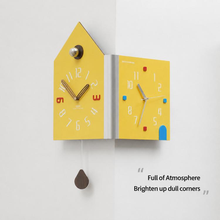 Yellow double-faced corner wall clock, house shape with metal knob and colored time markers