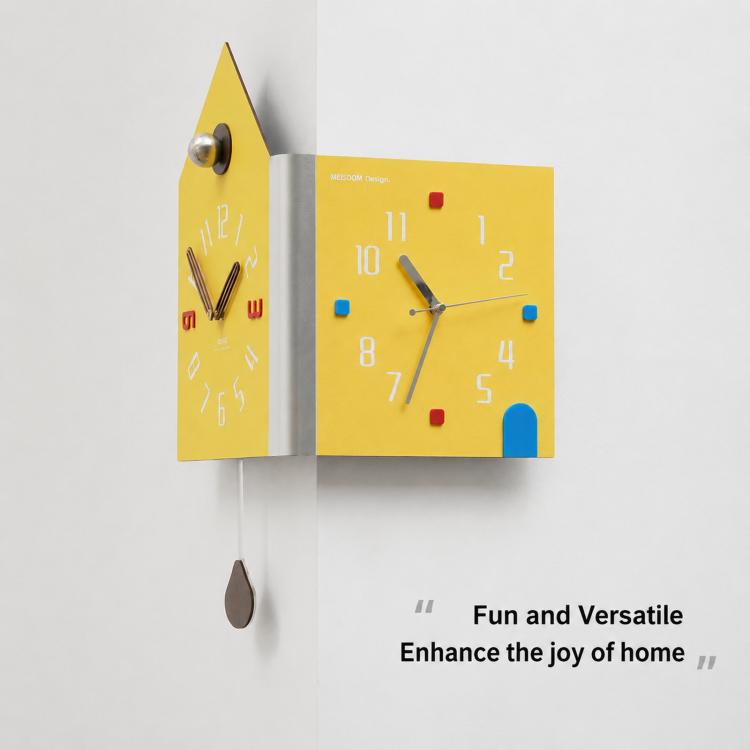 Yellow double-faced corner wall clock, house shape with metal knob and multicolor corner details