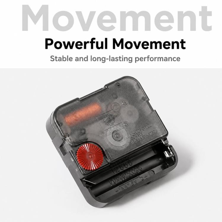 Silent corner wall clock movement mechanism inside a dark housing