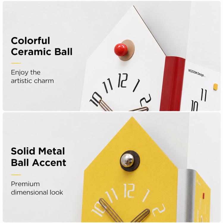 Corner double-sided wall clock with yellow face and red ceramic ball accent