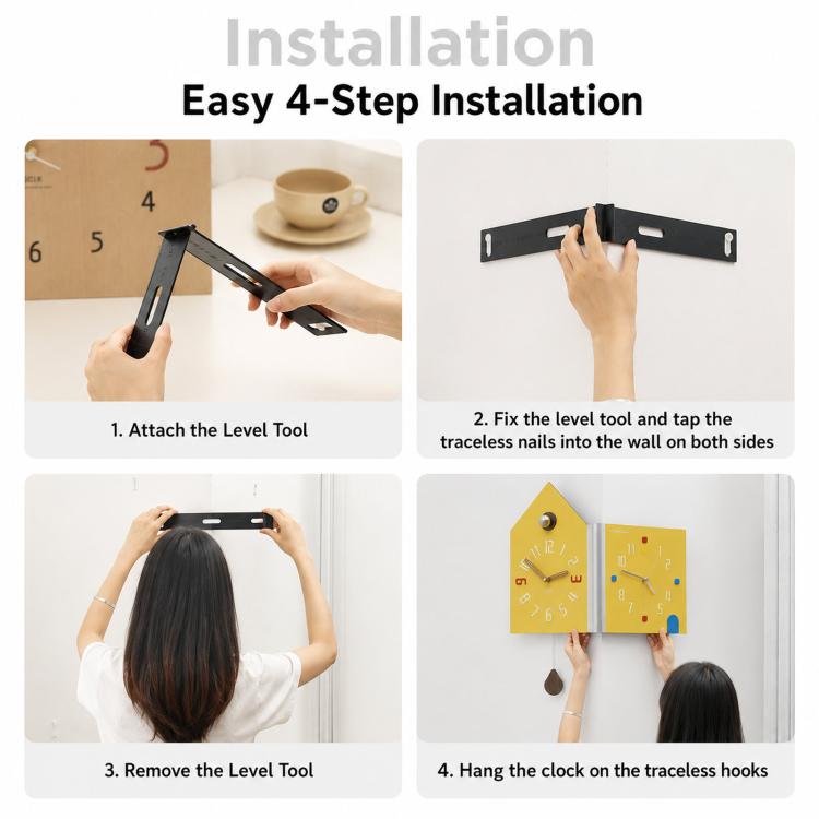 Corner wall clock installation steps for hanging the clock on wall hooks