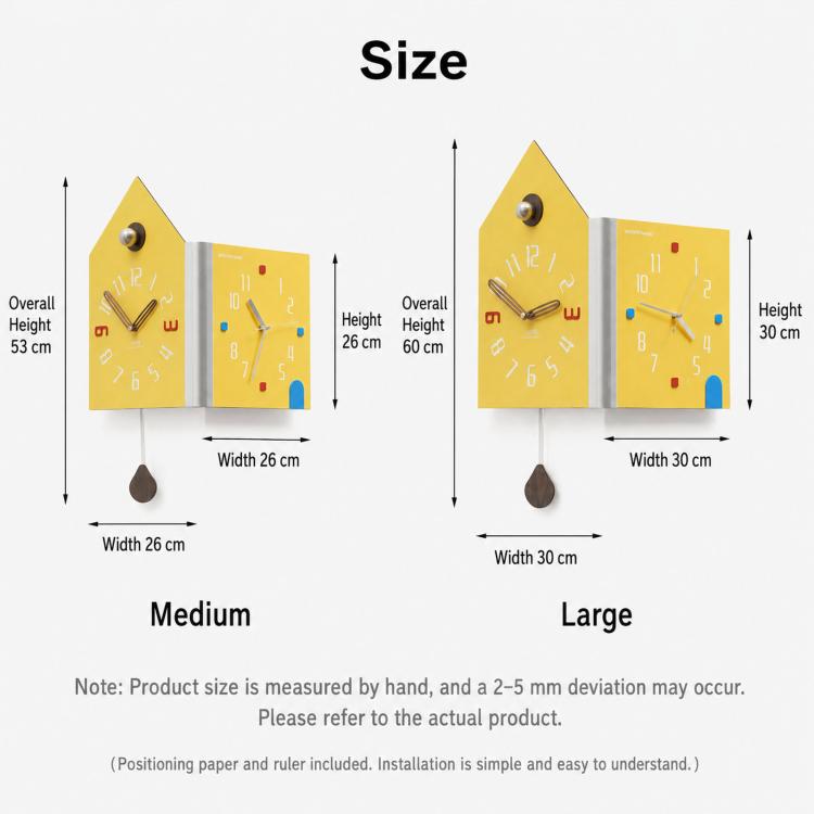 Wall clock size chart for medium and large: heights 53/30 cm, widths 26/30 cm