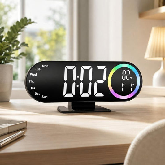 RGB mirror alarm clock with large white LED time and glowing rainbow temperature ring