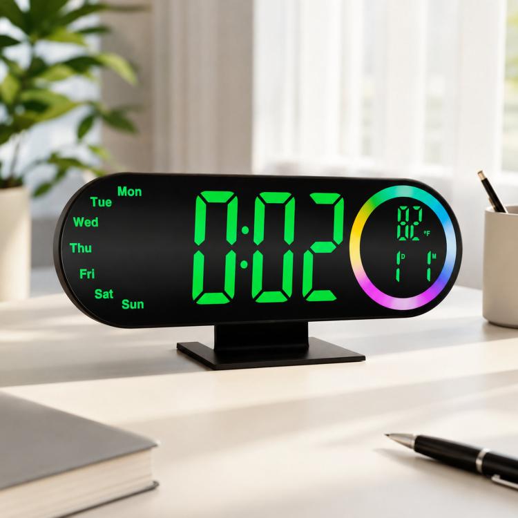 RGB Mirror Digital Alarm Clock With LED Night Light Temperature Week Display