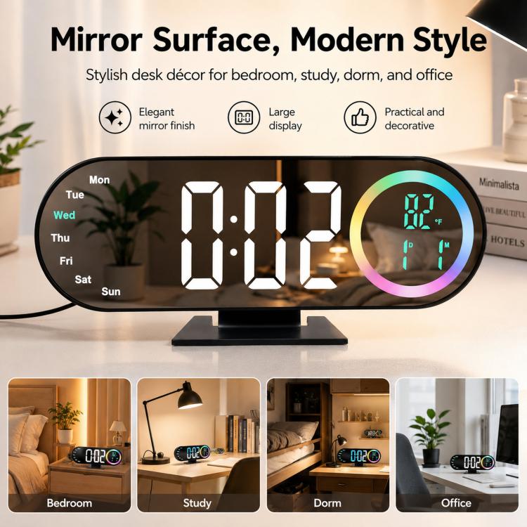 RGB Mirror Digital Alarm Clock With LED Night Light Temperature Week Display