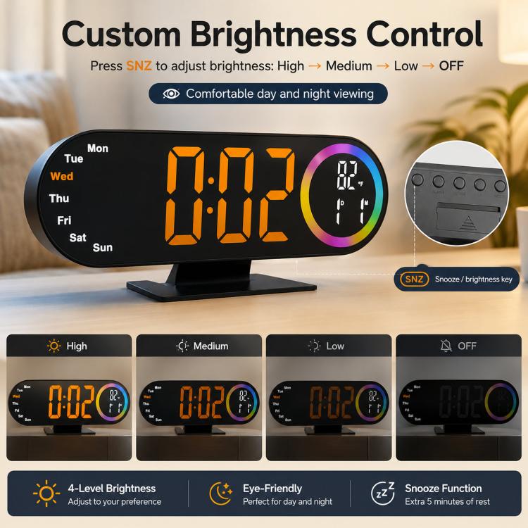 RGB Mirror Digital Alarm Clock With LED Night Light Temperature Week Display
