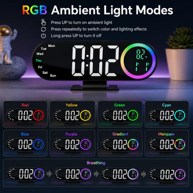 RGB Mirror Digital Alarm Clock With LED Night Light Temperature Week Display