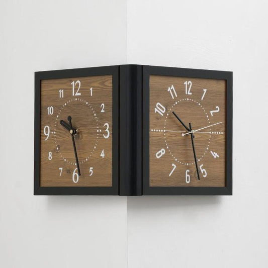 Corner double-sided wall clock with brown wood faces, black frame, analog clock hands