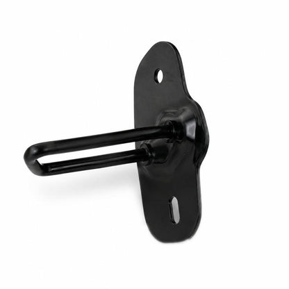 Black metal hood lock catch with bent hook and mounting plate, two-hole design.