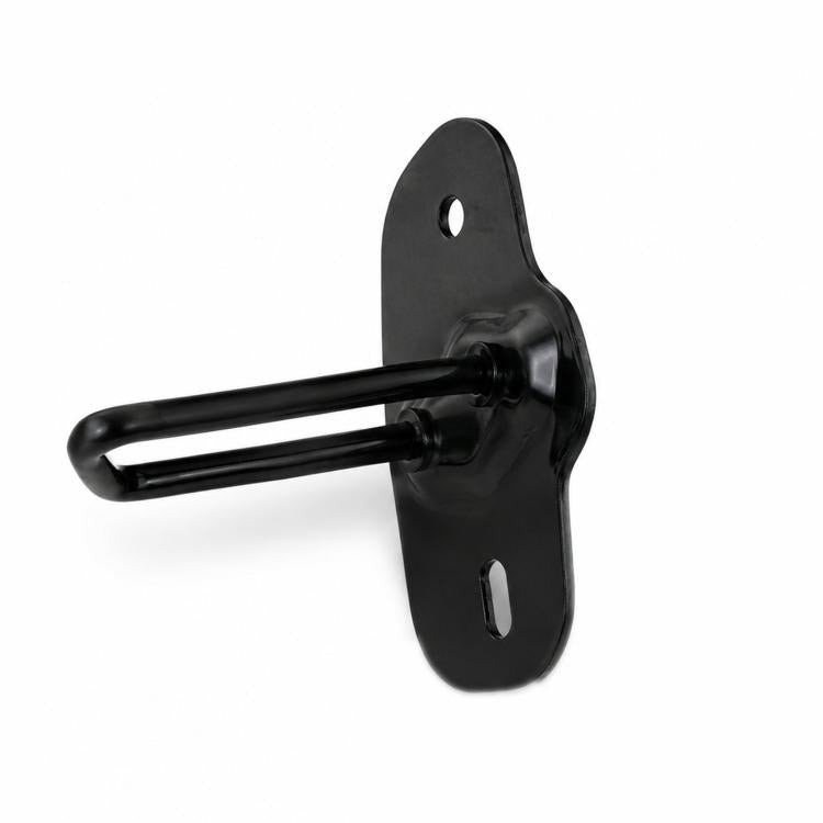 Black metal hood lock catch with bent hook and two mounting holes.