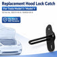 Black hood lock latch catch with bent bar hook and mounting plate.