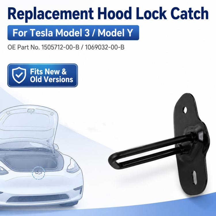 Black hood lock latch catch with bent bar hook and mounting plate.