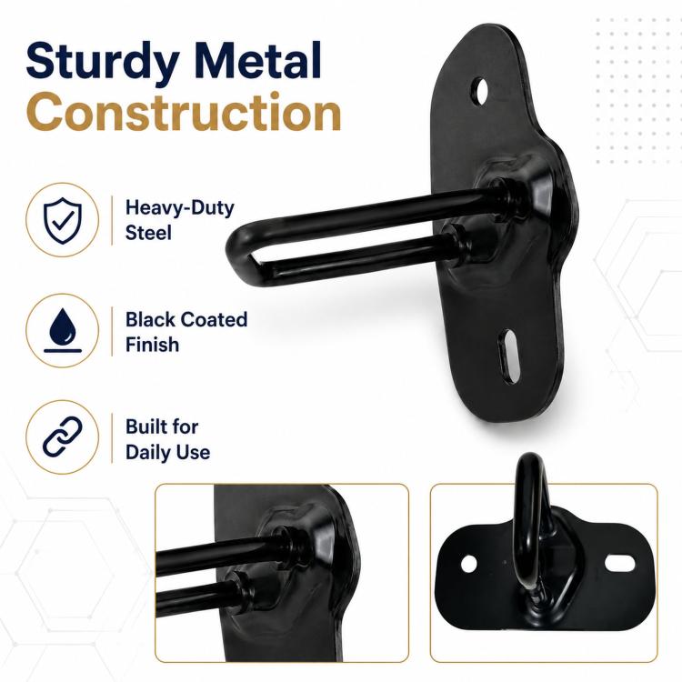 Black coated metal hood lock latch catch with curved mounting plate and slotted hole.