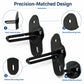 Black hood lock catch with bent hook and mounting holes: round and slotted.