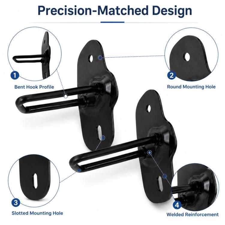 Black hood lock catch with bent hook and mounting holes: round and slotted.
