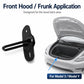 Black metal frunk/hood latch catch with bent hook and mounting plate.
