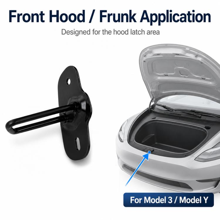 Black metal frunk/hood latch catch with bent hook and mounting plate.