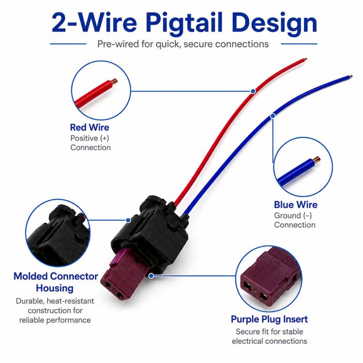 Pedestrian warning speaker wiring pigtail, black molded connector with red/blue leads and purple plug