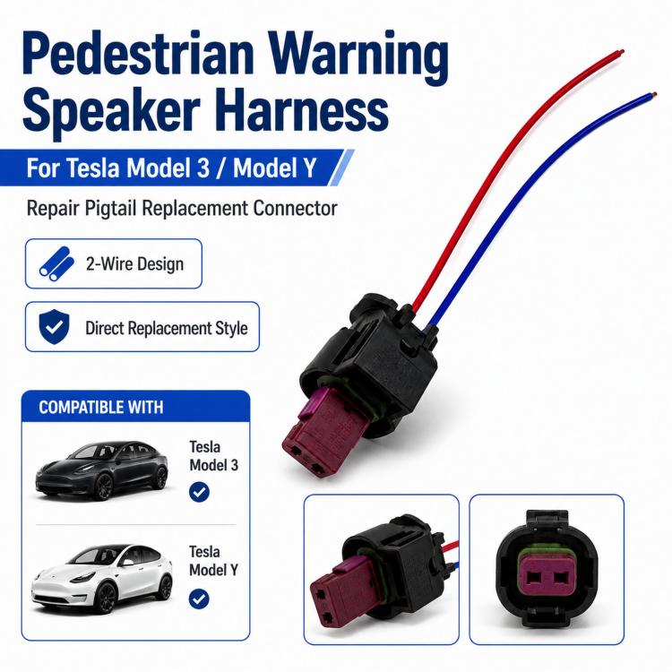 Pedestrian warning speaker harness wiring connector with red/blue leads and purple insert