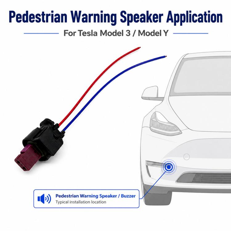 Pedestrian warning speaker application wiring harness with red and blue leads, black connector