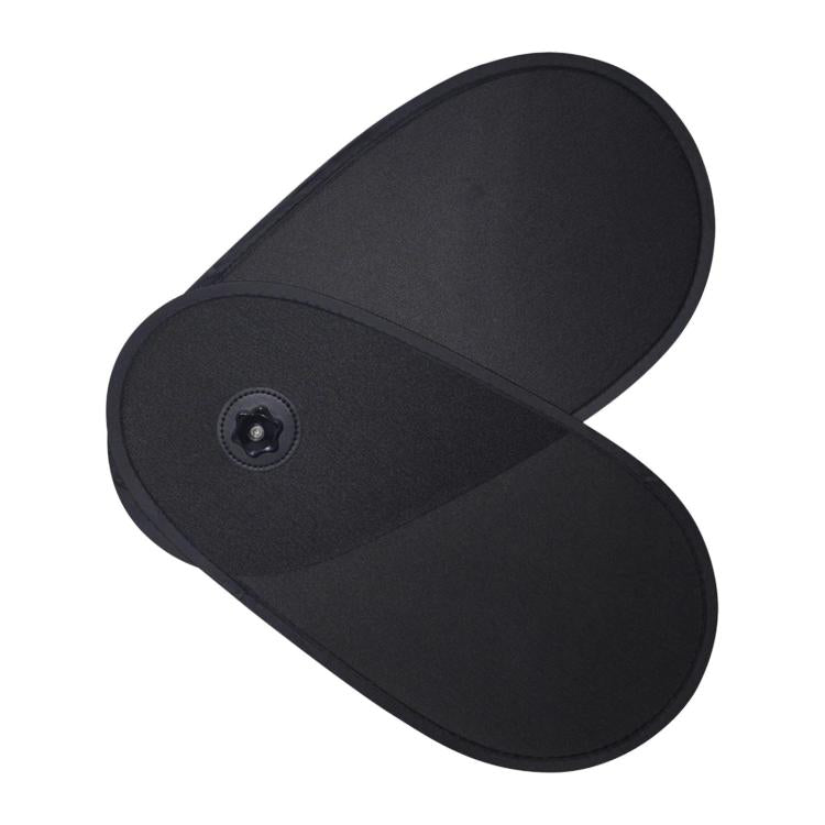 Folded black oval car sunshade with suction attachment in the center