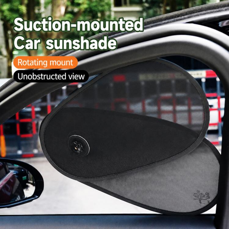 Black rotatable suction-mounted car window sunshade covering the side window