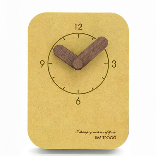 Small silent desk clock with yellow case, round dial, wooden hour and minute hands
