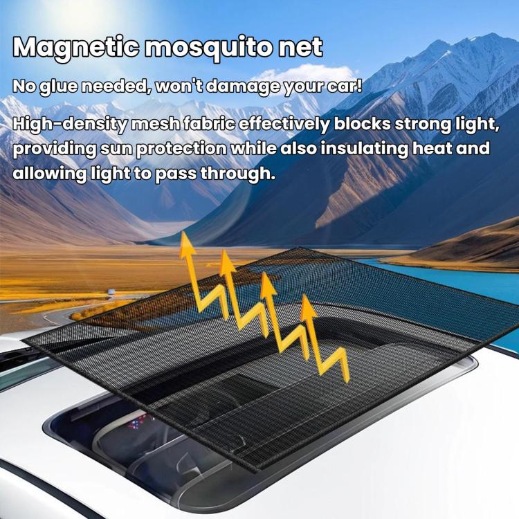 Car sunroof magnetic mosquito net spread across opening with dark mesh