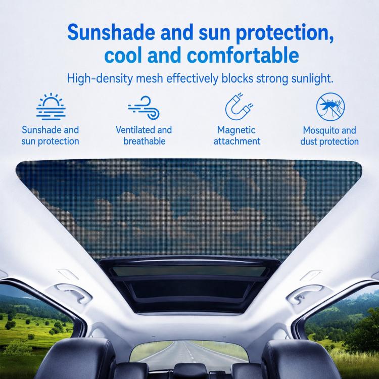 Car roof sunroof opening covered by dark magnetic mesh shade