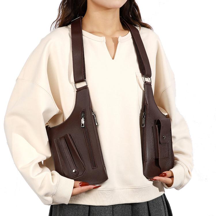 Brown PU leather underarm crossbody bag with adjustable shoulder harness straps