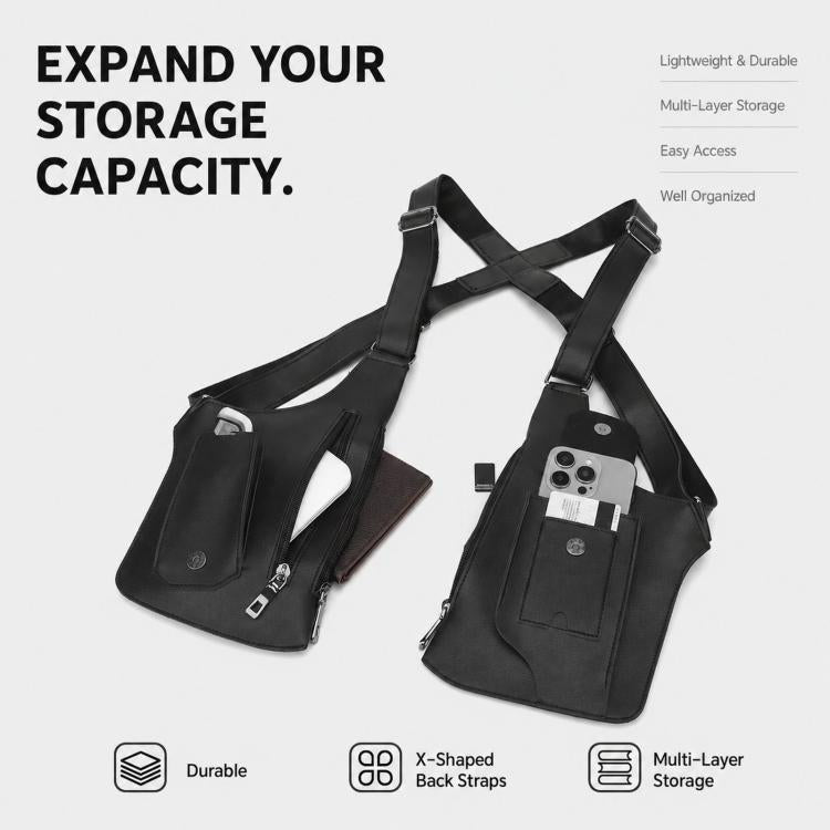 Black chest rig crossbody bag with multi-strap harness and front storage pockets